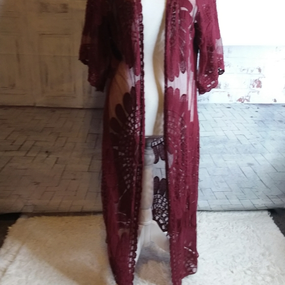 Rebellion again burgundy BOHO floral lace cardigan duster size S - Picture 2 of 7